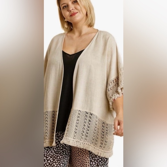 Umgee Tops - Umgee Women’s Boho Linen Blend Cardigan with Lace size Large